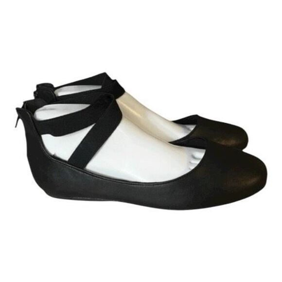 Women Black Elastic Ankle Straps Ballerina Walking Flats Size 8.5M Dress Shoes - Picture 3 of 12
